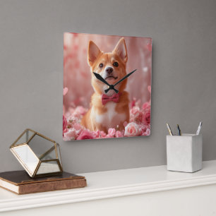 Basenji mit Rosen - Valentinstag Quadratische Wanduhr