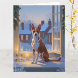 Basenji mit Weihnachtsbeleuchtung Urlaub Karte