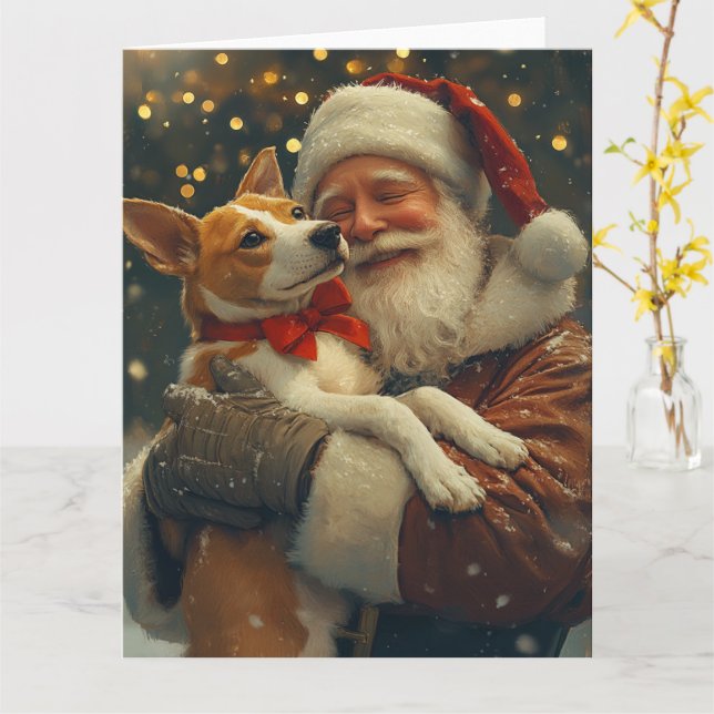 Basenji mit Weihnachtsmann Weihnachten Karte (Gelbe Blume)