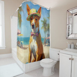 Basenji on Beach, Sommergeschenk für Hundefreunde Duschvorhang