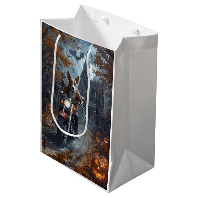 Basenji Riding Motorrad Halloween Beängstigend Mittlere Geschenktüte (Vorderseite Schrägansicht)