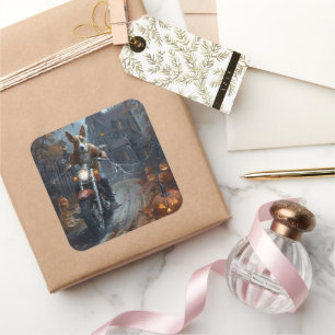 Basenji Riding Motorrad Halloween Beängstigend Quadratischer Aufkleber