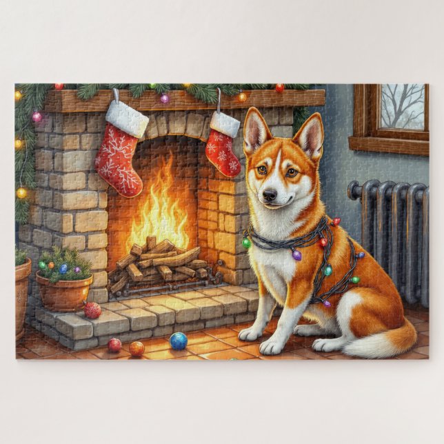Basenji Sitting by Fireplace with Christmas Lights Puzzle (Horizontal)