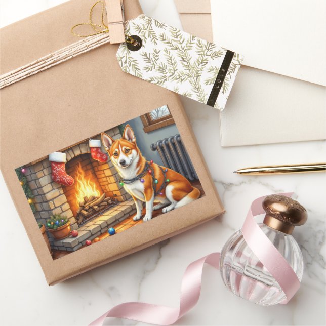 Basenji Sitting by Fireplace with Christmas Lights Rechteckiger Aufkleber (Schenken)