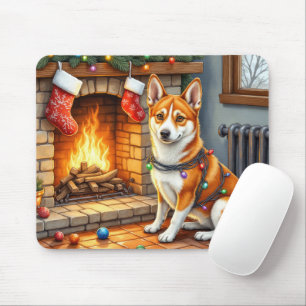 Basenji sitzt neben dem Kamin mit Weihnachtsbeleuc Mousepad