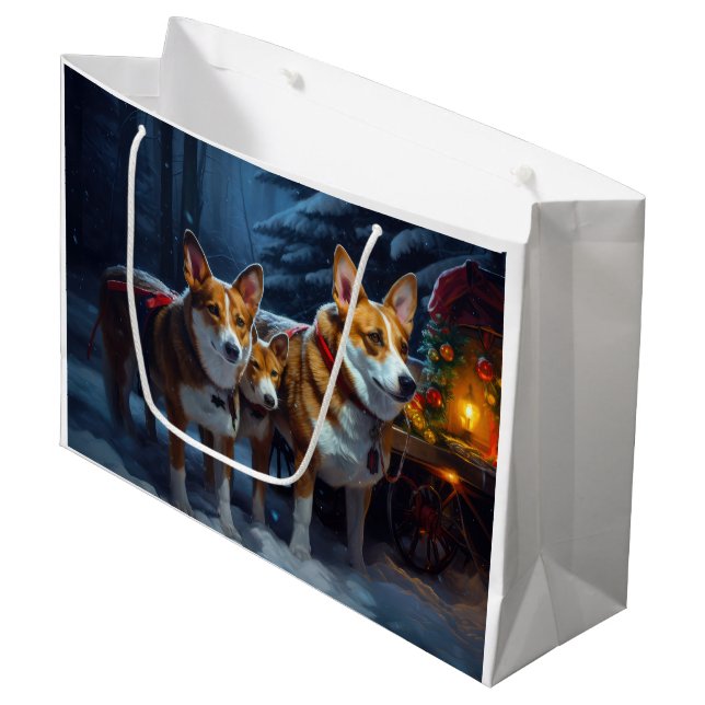 Basenji Snowy Sleigh Weihnachtsdekor Große Geschenktüte (Vorderseite Schrägansicht)
