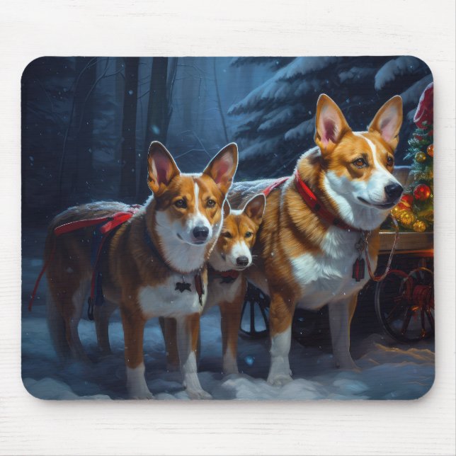 Basenji Snowy Sleigh Weihnachtsdekor Mousepad (Vorne)