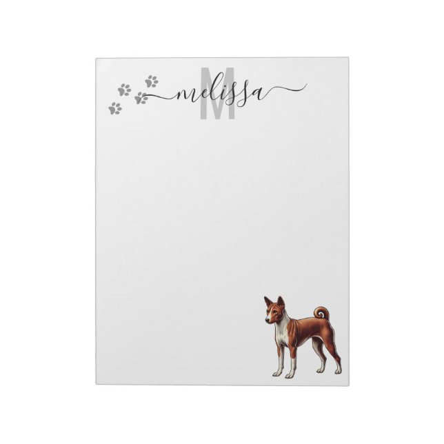 Basenji Watercolor Monogram Personalisiert Notizblock (Rotiert)