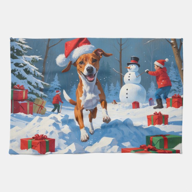 Basenji Weihnachtsfest Schneeszene Geschirrtuch (Horizontal)