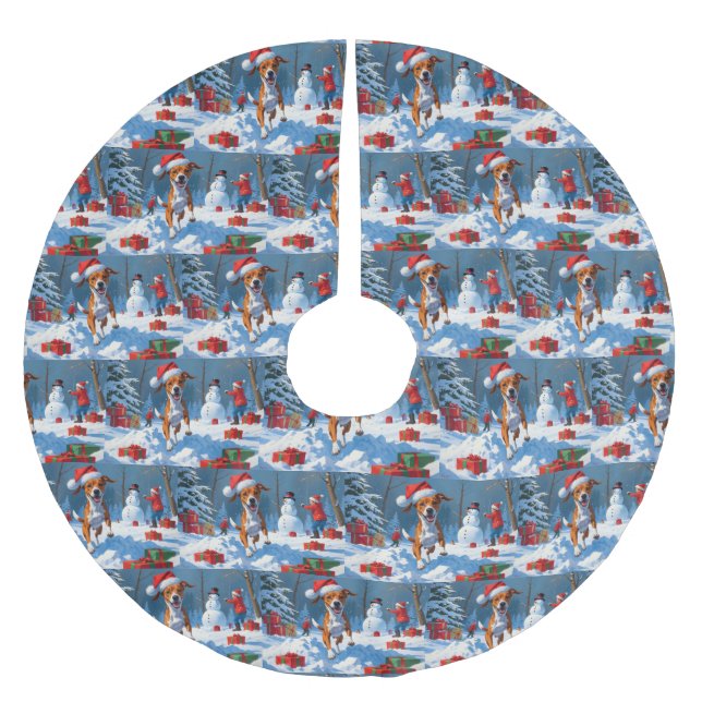 Basenji Weihnachtsfest Schneeszene Polyester Weihnachtsbaumdecke (Vorderseite)
