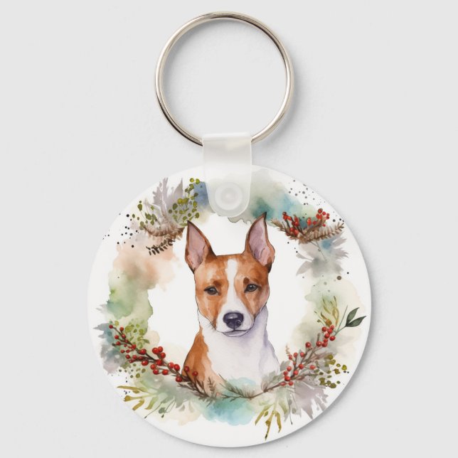 Basenji Weihnachtskraut Festliche Jungfrau Schlüsselanhänger (Vorderseite)