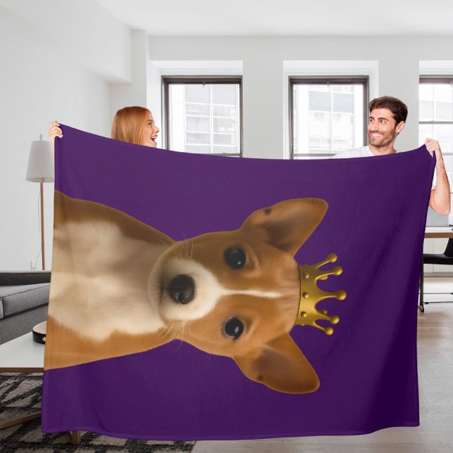 Basenji Welpe in Goldkrone Niedlich Fleecedecke (Basenji Puppy in Gold Crown Cute Fleece Blanket by Ricaso. A brown and white puppy on purple )