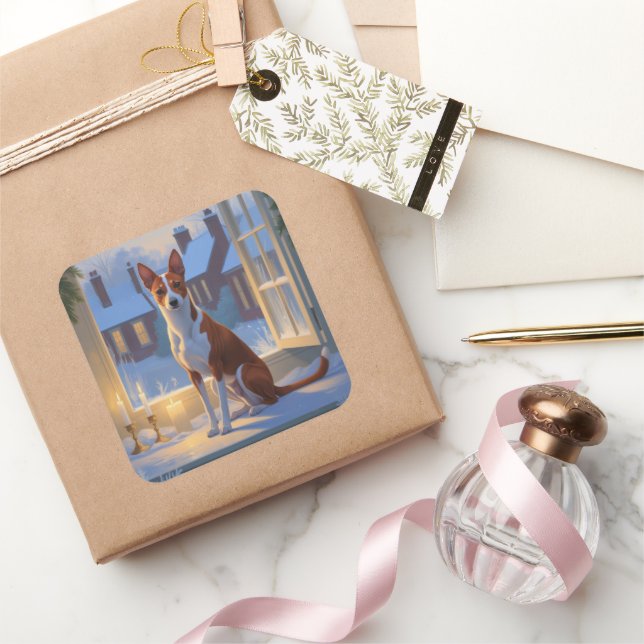 Basenji With Christmas Lights Holiday Quadratischer Aufkleber (Schenken)