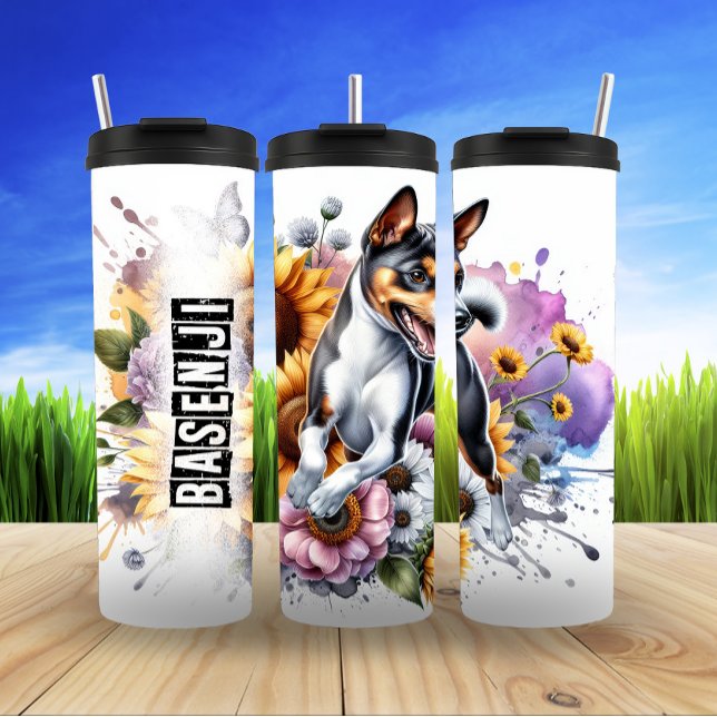 Basenjis dynamische Blumenenergie Thermosbecher (Von Creator hochgeladen)
