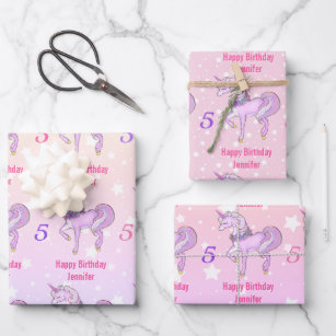 Bashful Unicoralize Name Age Pink Stars 3 Geschenkpapier Set