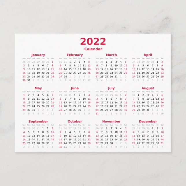 Basic 2022 Monthly Calendar Postkarte (Vorderseite)