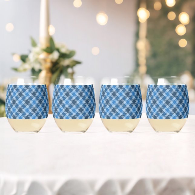 Basic Blue/Baby Blue Gingham Diagonal Plaid Weinglas Ohne Stiel (Insitu (Hochzeit))