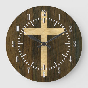 Basic Christian Cross Wooden Veneer Maple Rosewood Große Wanduhr