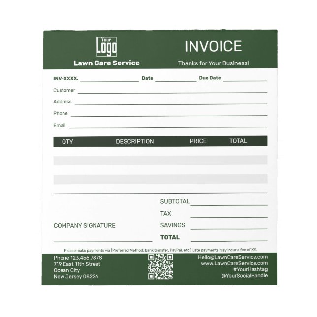 Basic Lawn Care Service Business Invoice Pad Notizblock (Vorderseite)