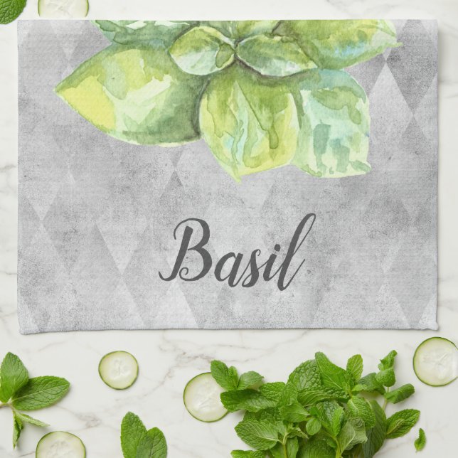 Basil Herb Watercolor Illustration Geschirrtuch (Gefaltet)