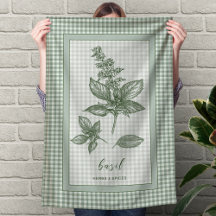 Basil-Kräuter-Küchentuch – grüne Gingham-Grenze