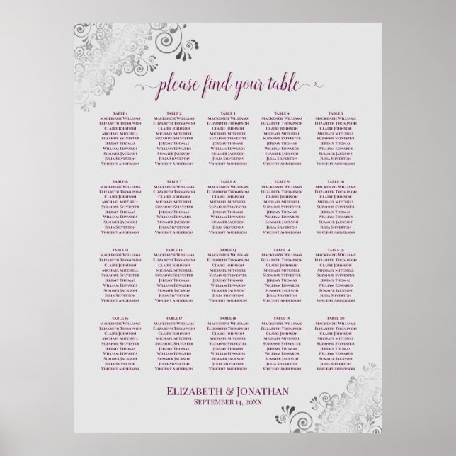 Basis auf der Gray 20 Table Wedding Seating Chart Poster (Vorne)