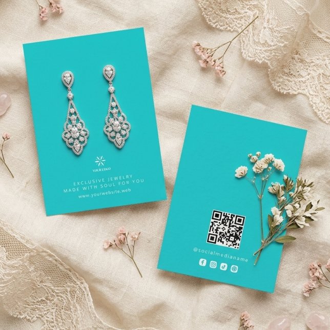 Basisch Blaues Robin-Ei-Schmuckdisplay-Logo TMF26 Visitenkarte (Basic Minimalist Robin's Egg Blue Jewelry Display Card Template, featuring Business Logo, Custom QR.)