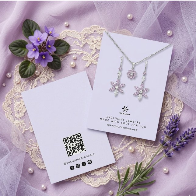 Basische digitale Lavendel-Schmuckdisplay-Logo TMF Visitenkarte (Basic Minimalist Digital Lavender Jewelry Display Card Template, featuring Business Logo, Custom QR.)