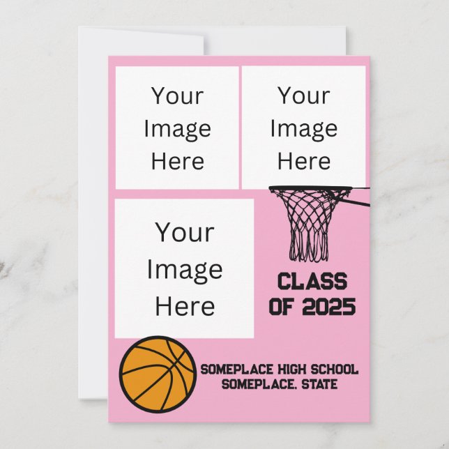 Basketball 3 FotoCollage Pink Abschluss Einladung (Vorderseite)