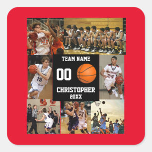 Basketball 7 Foto Collage Roter Teamname Quadratischer Aufkleber