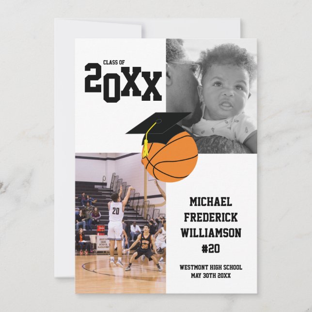 Basketball Abschluss Sportschwarz und Weiß Einladung (Vorderseite)
