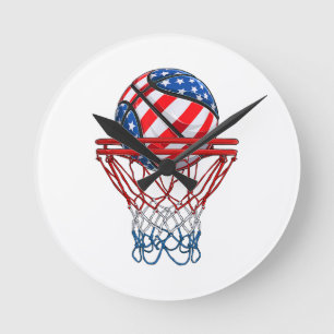 Basketball American Patriotic 4. Juli US-Flagge Runde Wanduhr