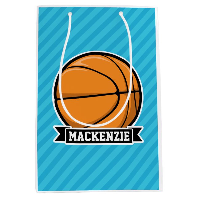 Basketball auf Sky Blue Stripes Mittlere Geschenktüte (Vorderseite)