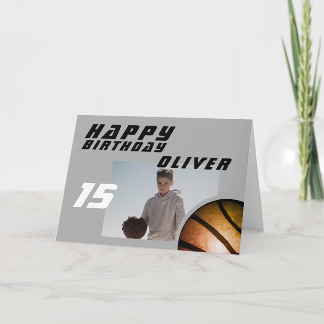 Basketball Ball Boy Foto Happy Birthday Karte (Vorderseite)