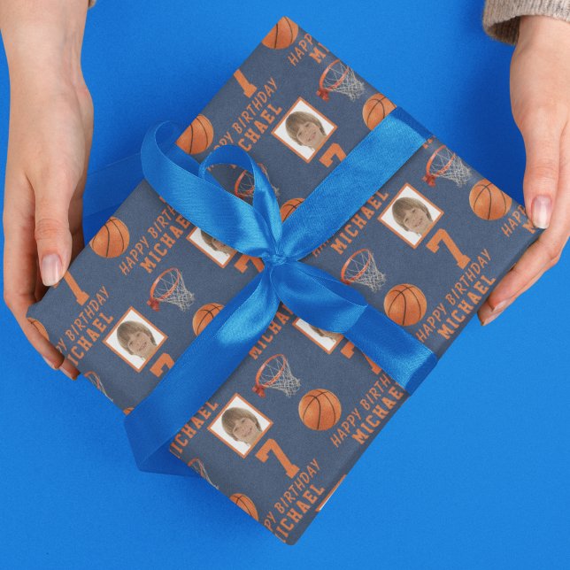 Basketball Ball Happy Geburtstag Foto Geschenkpapier (Basketball Ball Happy Birthday Photo Wrapping Paper)