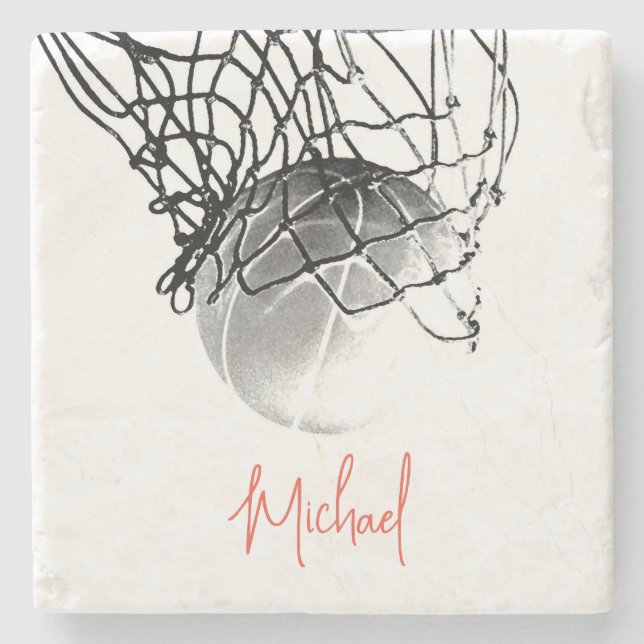 Basketball-Ball in Schwarz und Weiß - Ihr Name Steinuntersetzer (Vorderseite)