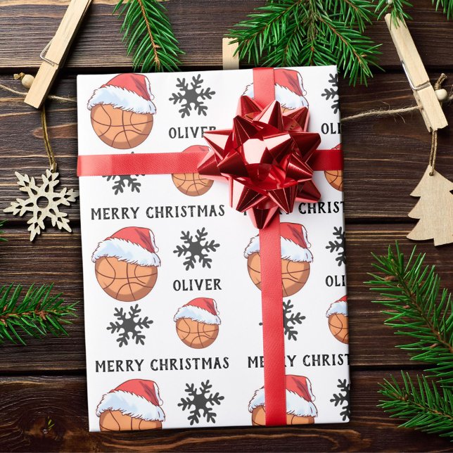 Basketball Ball mit roter Weihnachtsmannmütze Snow Geschenkpapier (Von Creator hochgeladen)