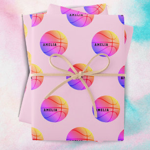 Basketball Ball Muster Pink Kinder Name Sport Geschenkpapier Set