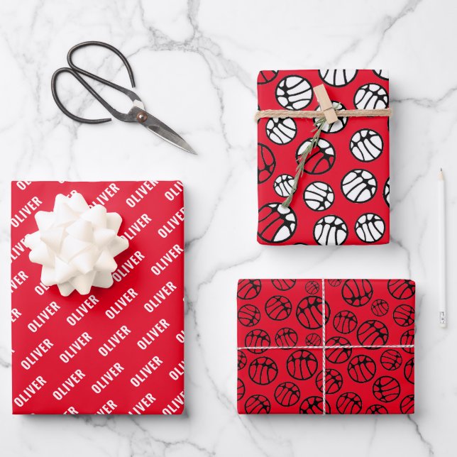 Basketball Ball Muster Roter Name Geschenkpapier Set (Vorderseite)