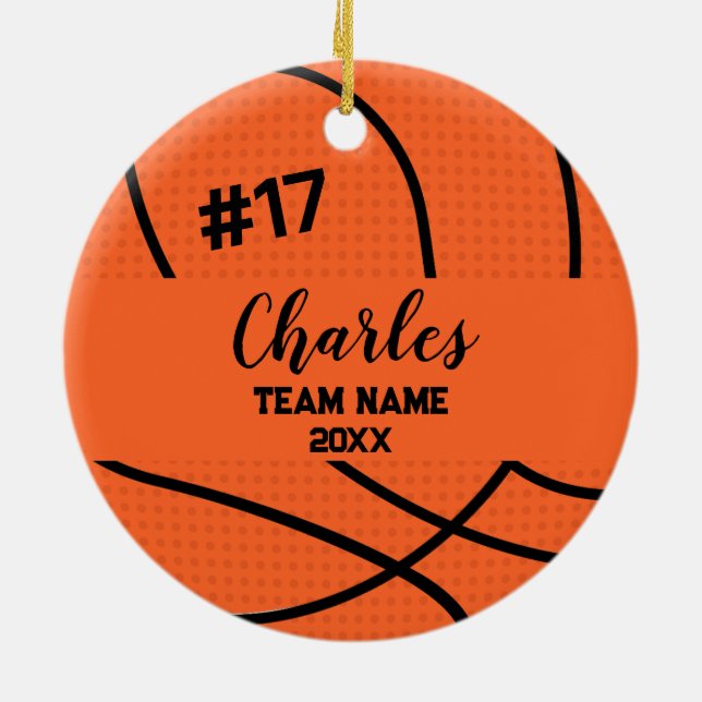 Basketball Ball Player | Individuelle Name-Nummer  Keramik Ornament (Hinten)