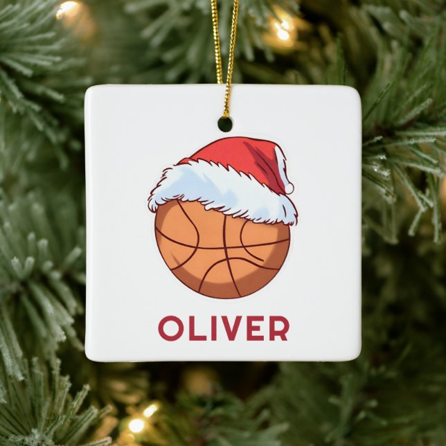 Basketball Ball Red Santa Hat Name Christmas  Keramikornament (Baum)