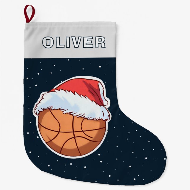 Basketball Ball Red Santa Hat Name Großer Weihnachtsstrumpf (Vorderseite)