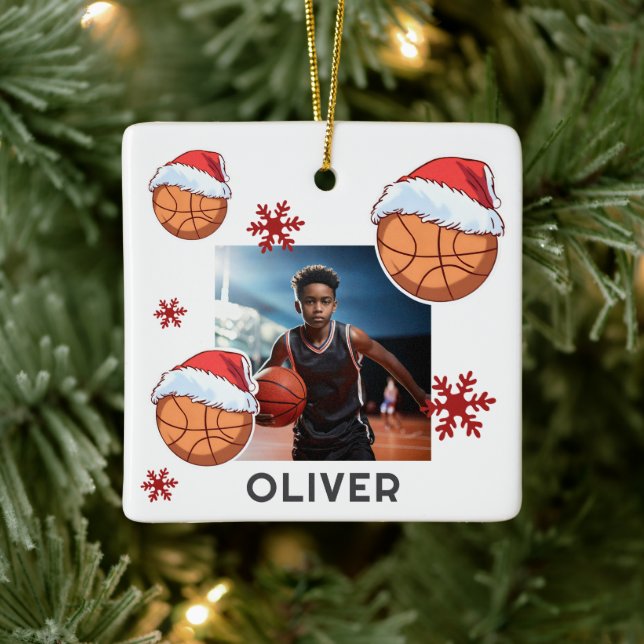 Basketball Ball Santa Hat Name Photo Christmas  Keramikornament (Baum)
