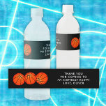 Basketball Ball Sports Birthday Thank you Wasserflaschenetikett<br><div class="desc">Basketball Ball Sports Birthday Thank you Water Bottle Label. The design has 3 basketball balls on a black background,  thank you note and name. Add your child`s name and your thank you note.</div>