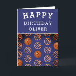 Basketball Ball Sports Pattern Happy Birthday Kid Karte<br><div class="desc">Basketball Ball Sports Pattern Happy Birthday Kid Card. Modern basketball birthday card for a boy or a girl who loves basketball. Basketball pattern with different orange basketball balls on dark purple color. Personalize with your name.</div>
