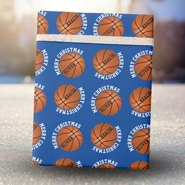 Basketball Balls Kinder Name Blau Frohe Weihnachte Geschenkpapier (Von Creator hochgeladen)