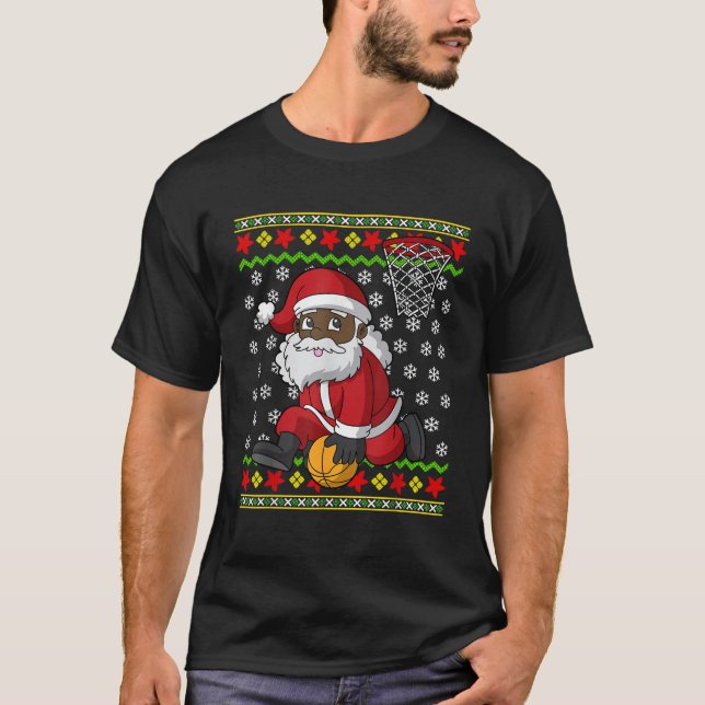 Basketball Black African American Santa Claus Slam T-Shirt (Vorderseite)
