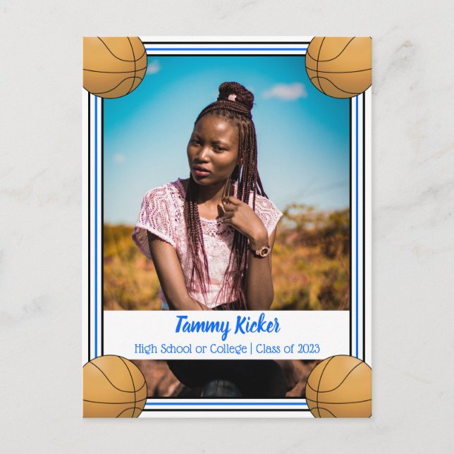 Basketball Blau & Schwarz Abschluss Ankündigungspostkarte (Vorderseite)