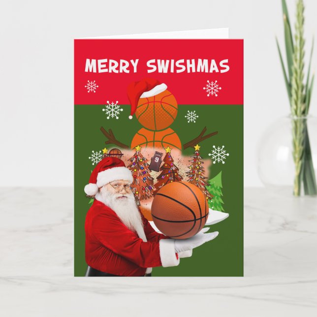 Basketball Christmas MERRY SWISHMAS Santa Claus Karte (Vorderseite)