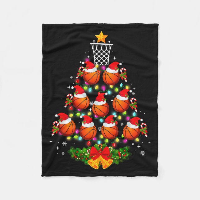 Basketball Christmas Tree Lights Red Santa Hat Xma Fleecedecke (Vorderseite)